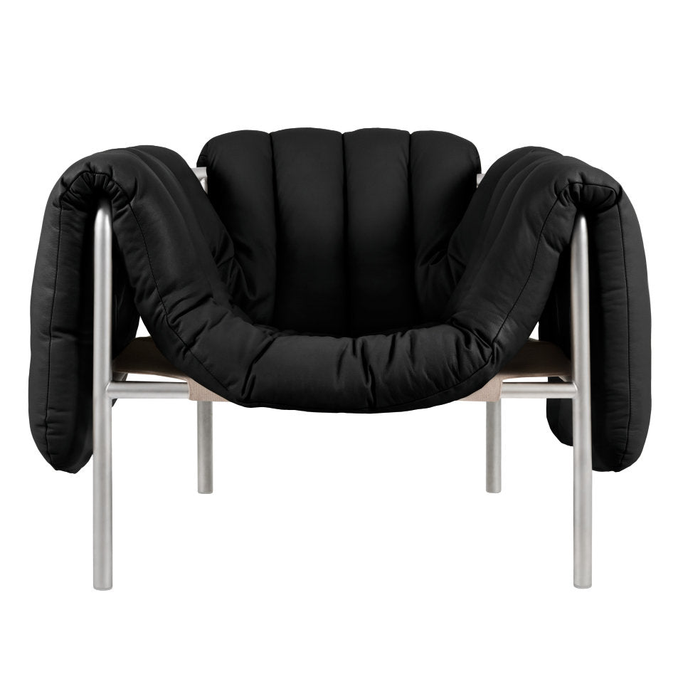PUFFY Lounge Chair | Edelstahl Leder Schwarz